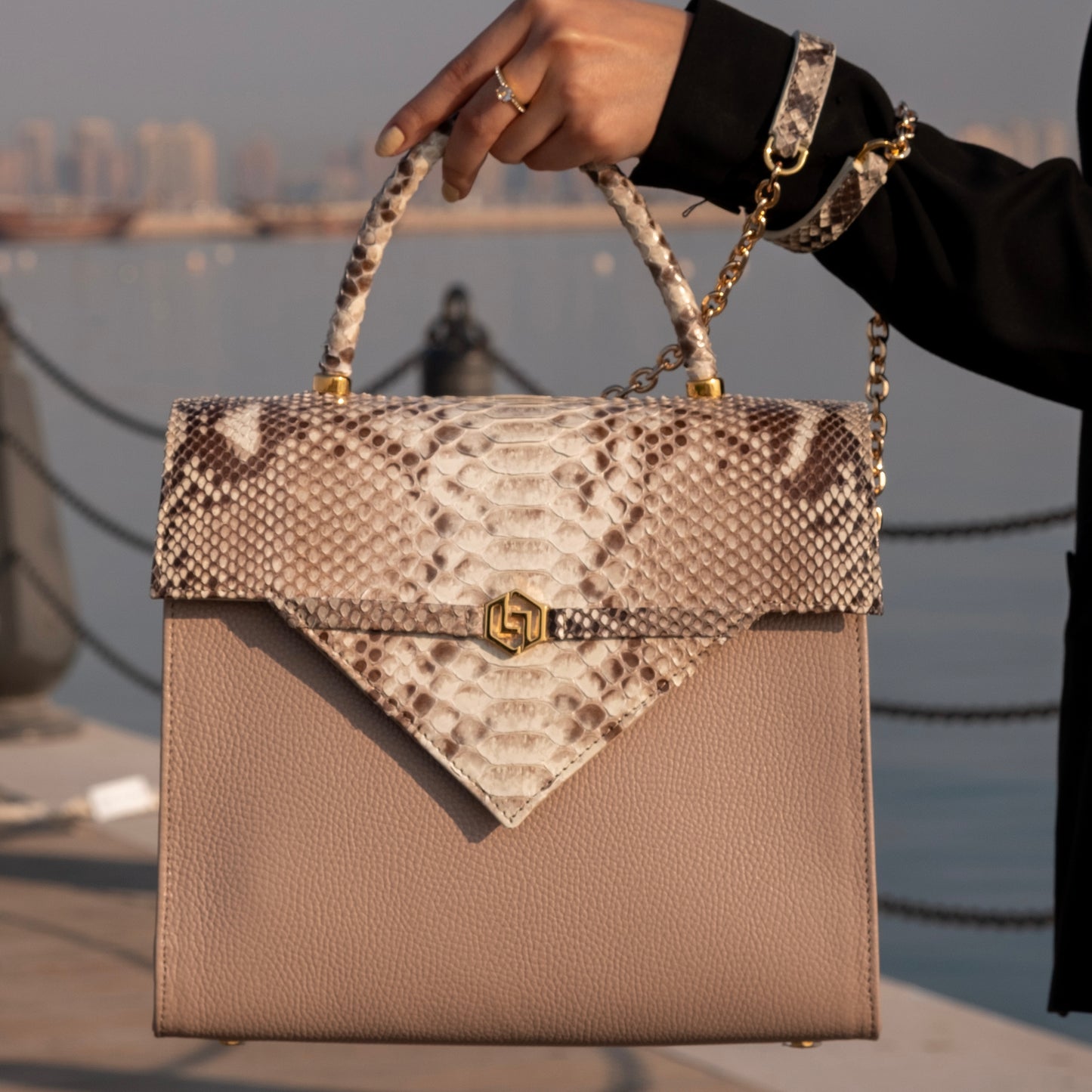 Natural w/ cream combo - Medium Bag Python with Cream Cow Leather