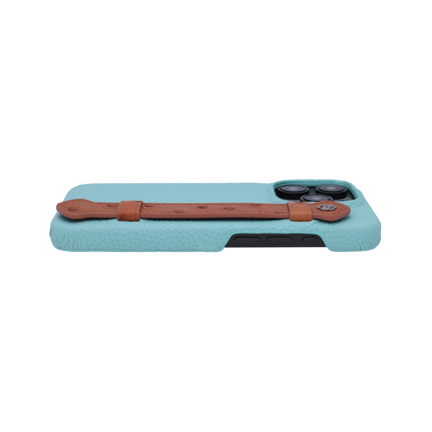 Macaron Blue with ostrich side strap Brown - iPhone 15 pro