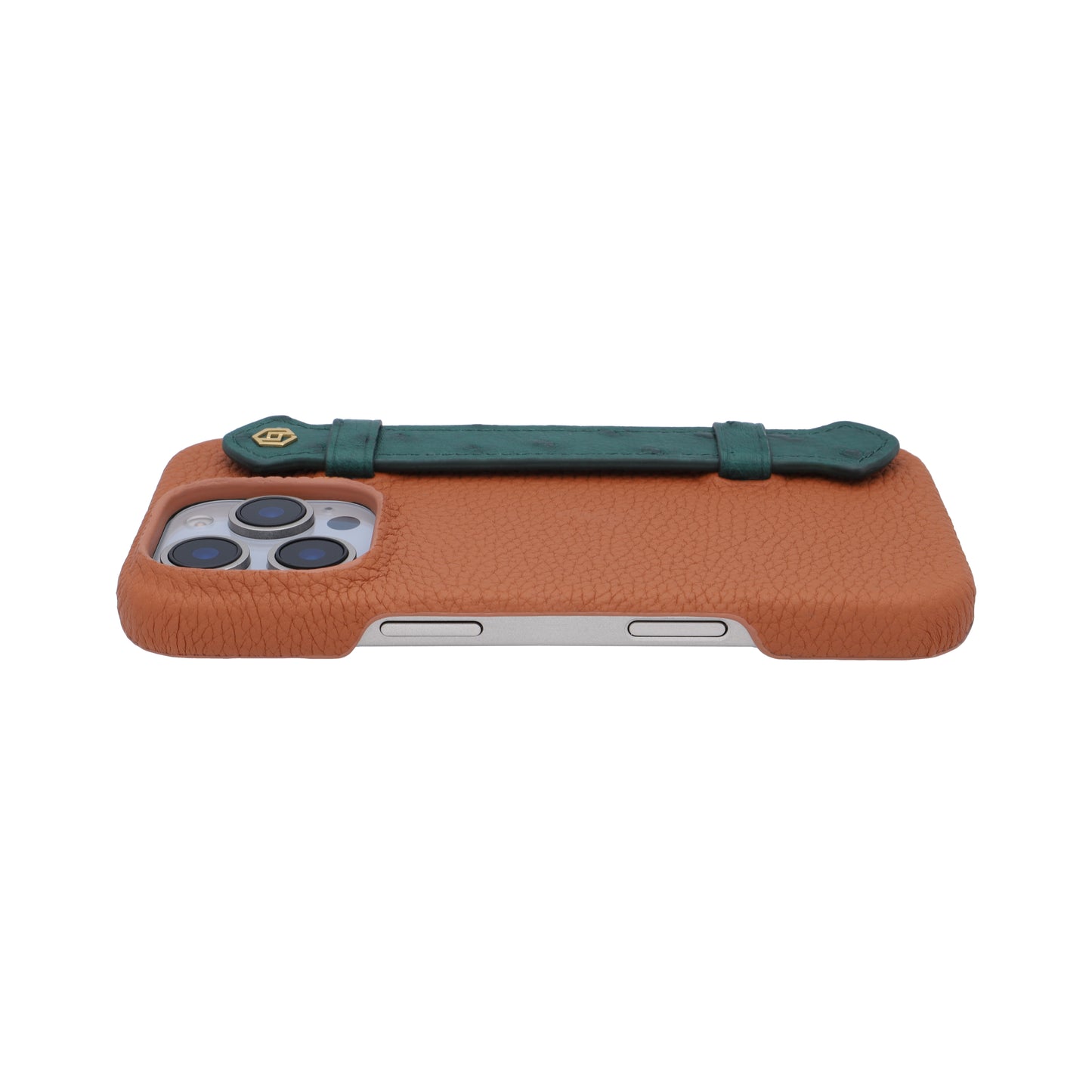 Tan with ostrich side strap Green - iPhone 16 pro