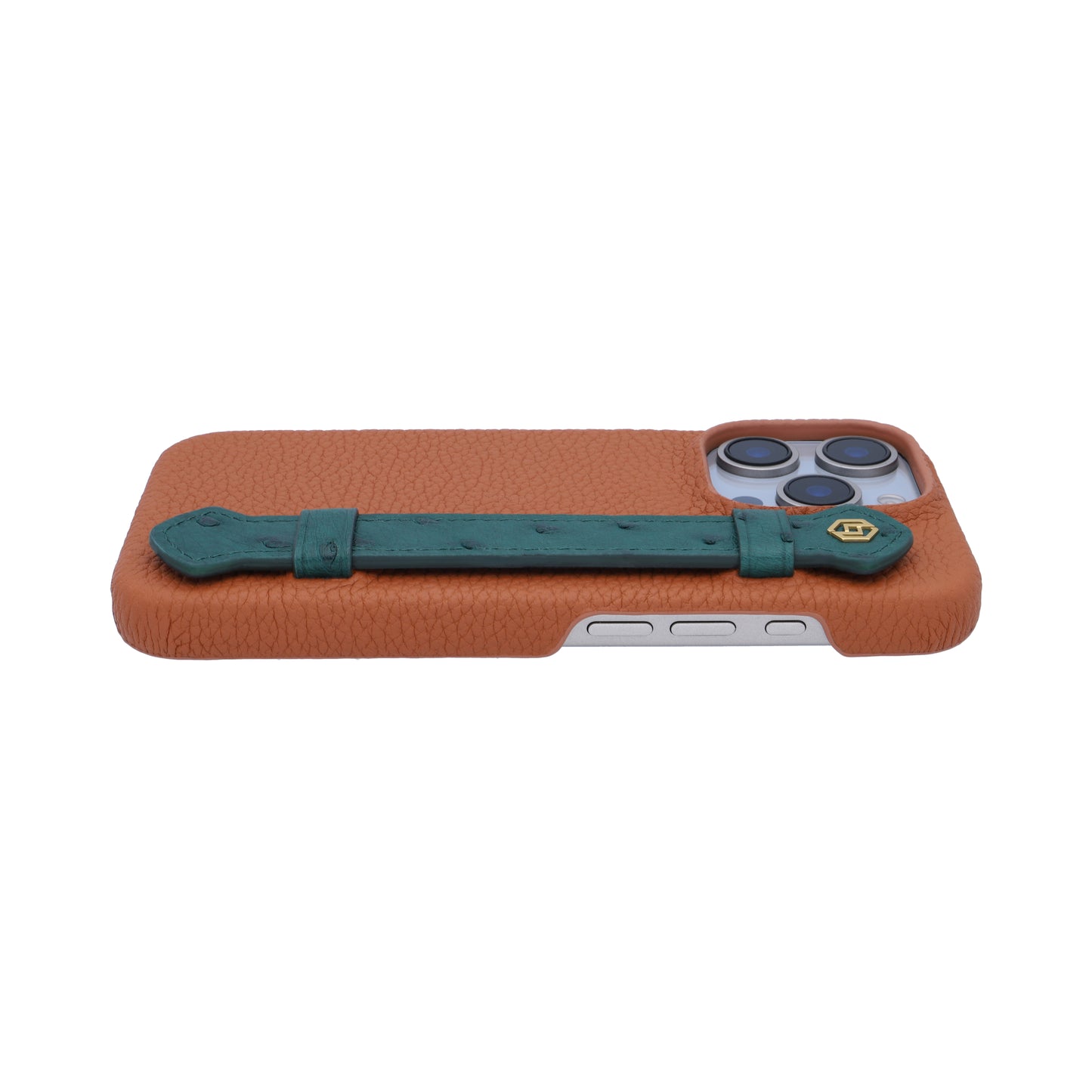 Tan with ostrich side strap Green - iPhone 16 pro