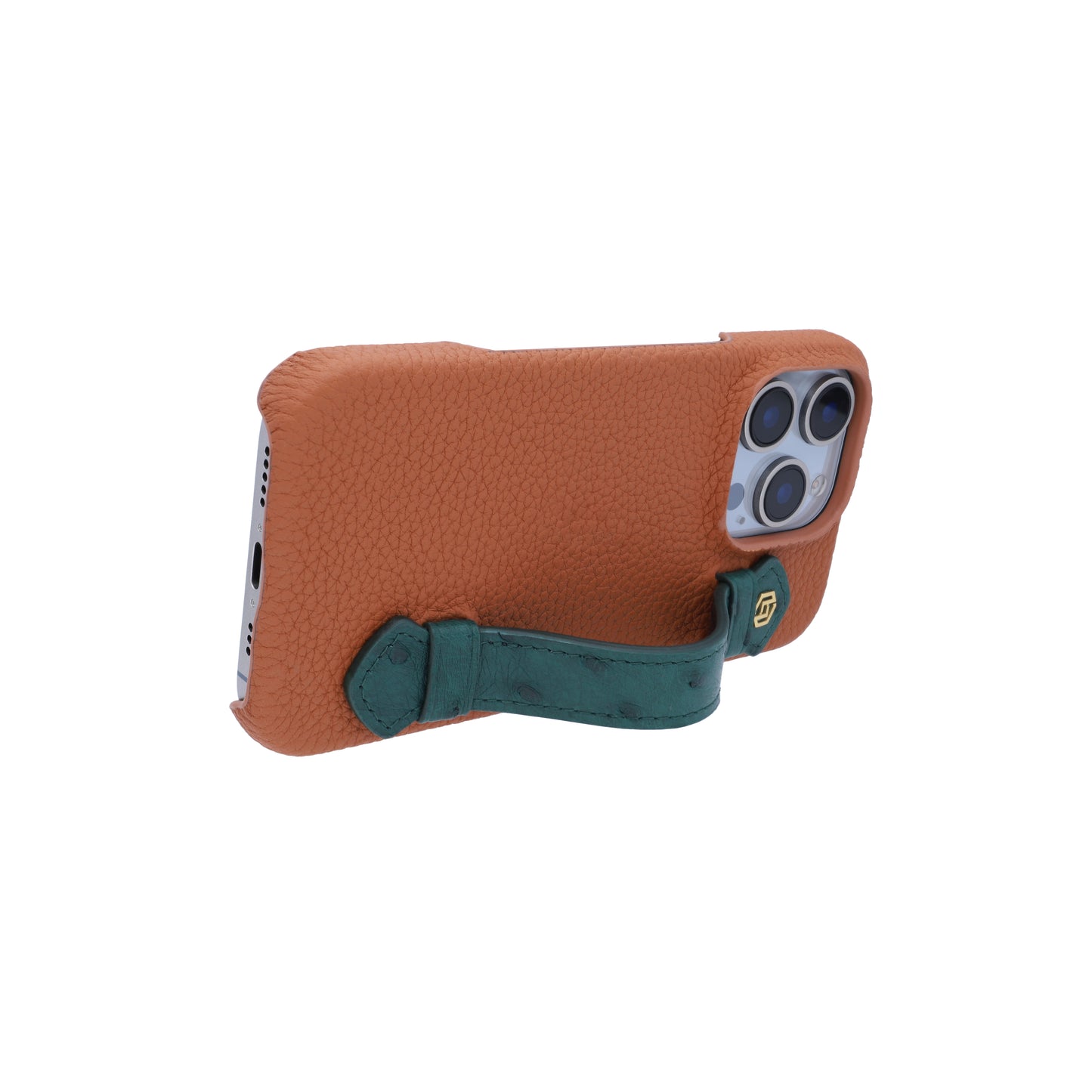 Tan with ostrich side strap Green - iPhone 16 pro