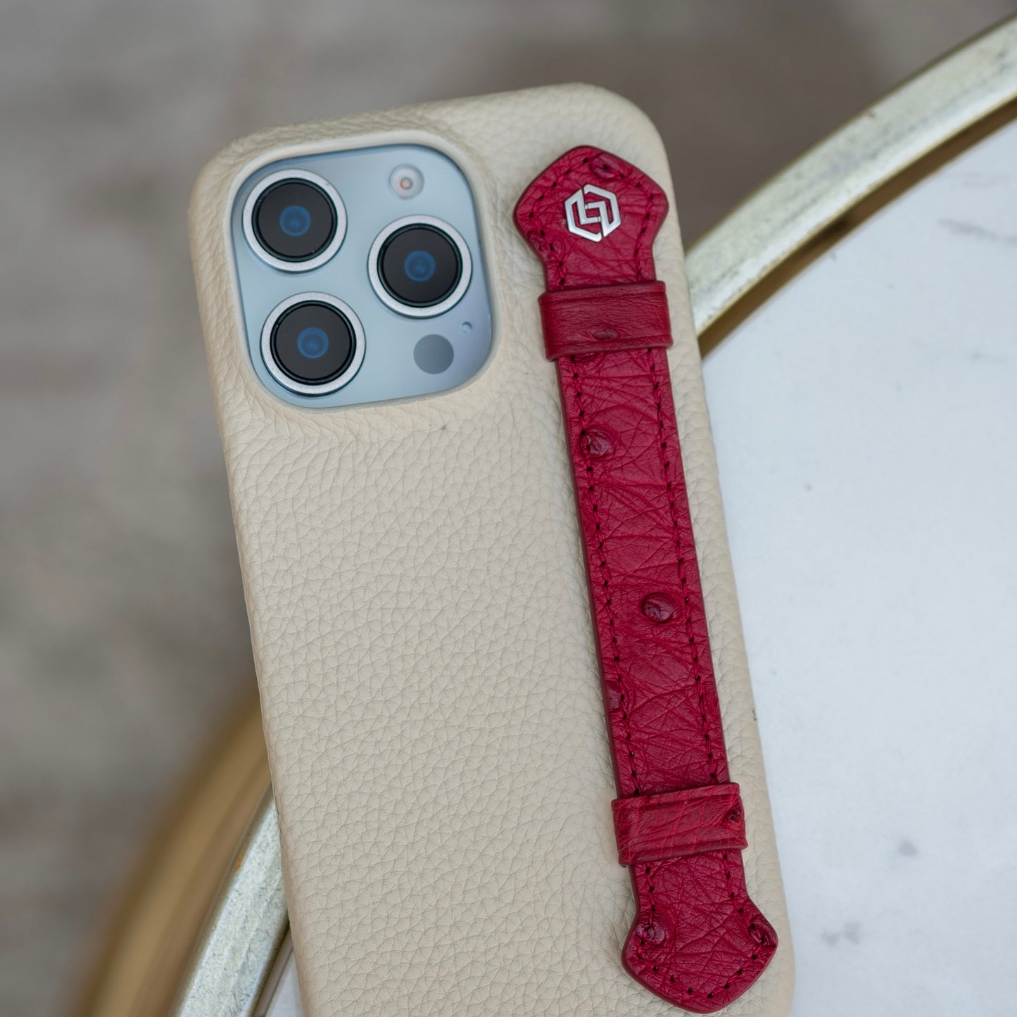 Beige with ostrich side strap Maroon - iPhone 16 pro