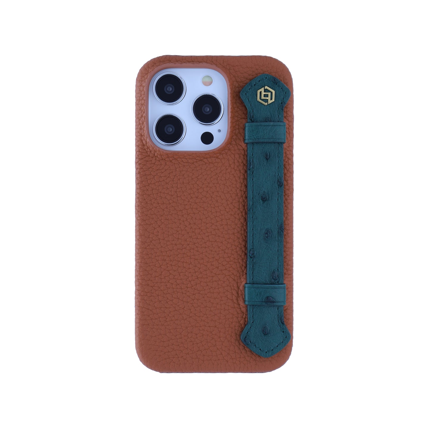 Tan with ostrich side strap Green - iPhone 14 pro