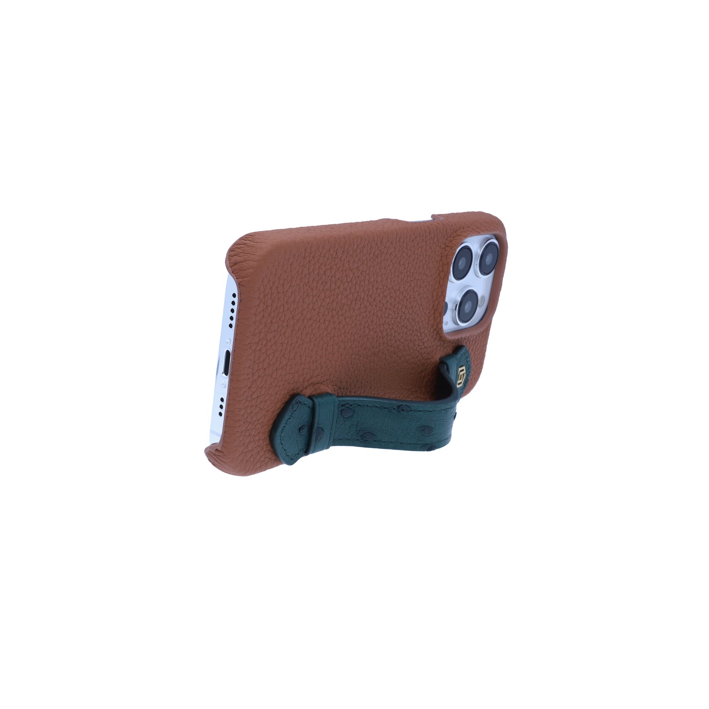 Tan with ostrich side strap Green - iPhone 14 pro