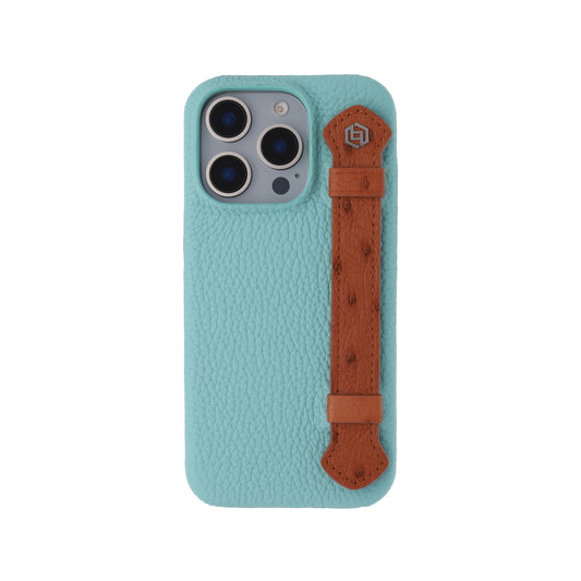 Macaron Blue with ostrich side strap Brown - iPhone 16 pro