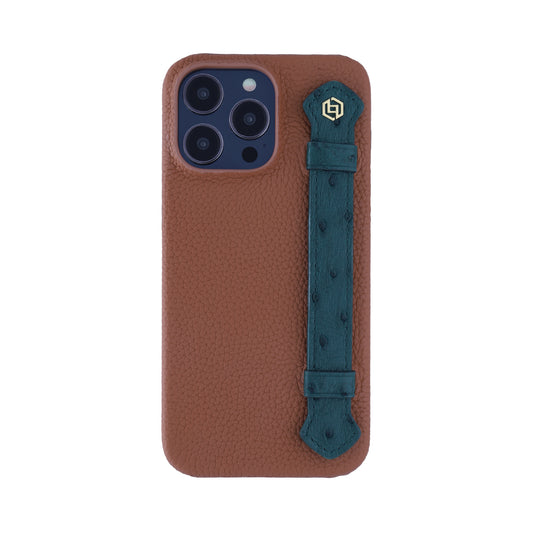 Tan with ostrich side strap Green - iPhone 14 pro max