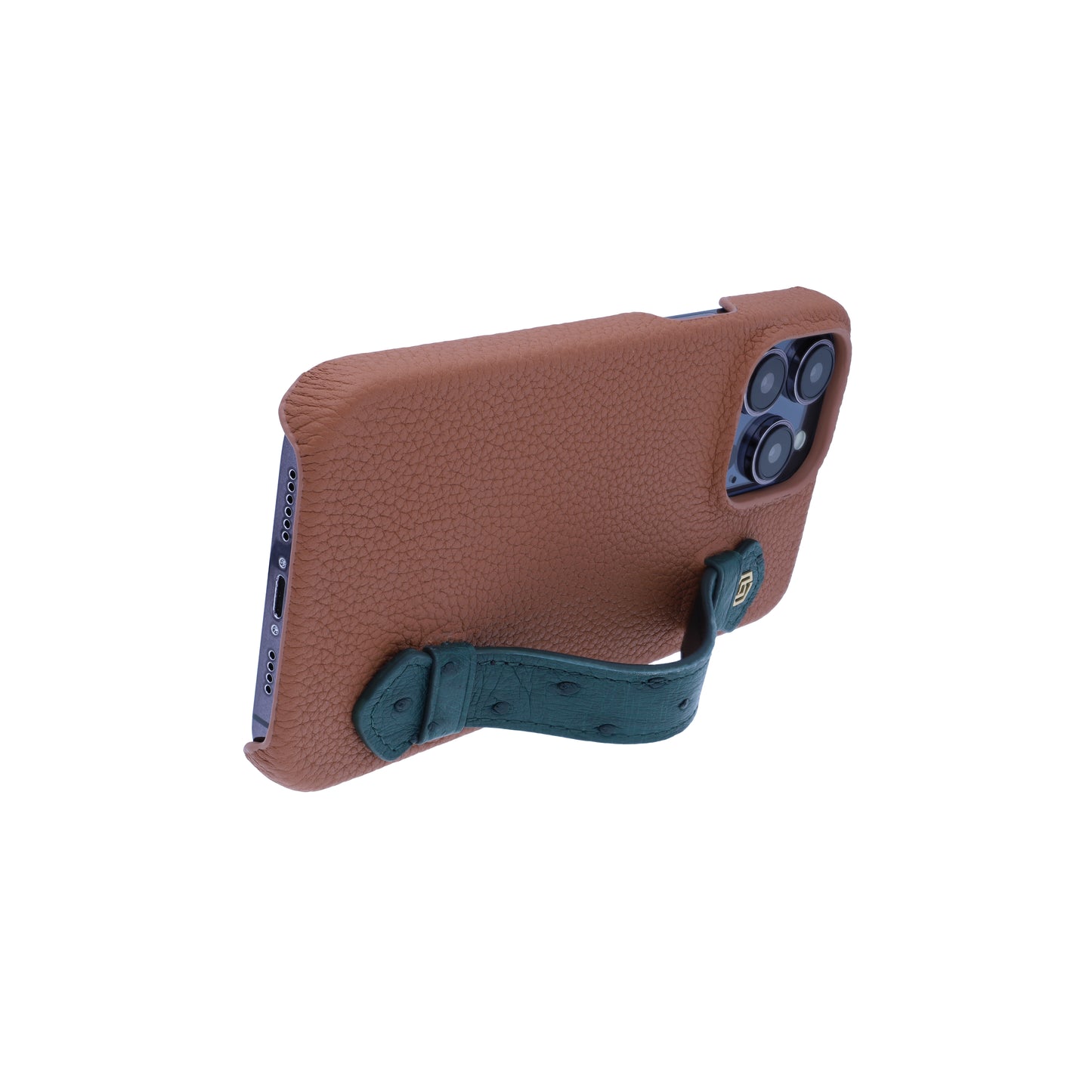 Tan with ostrich side strap Green - iPhone 14 pro max