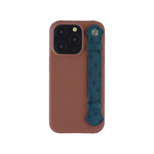 Tan with ostrich side strap Green - iPhone 15 pro