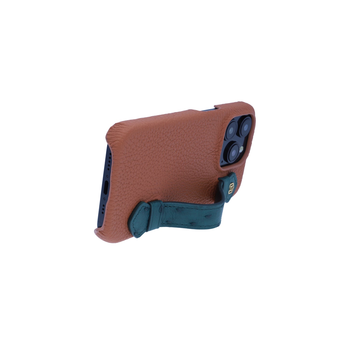 Tan with ostrich side strap Green - iPhone 15 pro